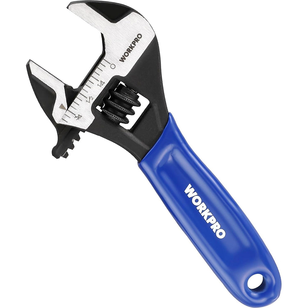 Mini adjustable wrench with wide jaws, knurled adjustment wheel, and metric/SAE scale on head