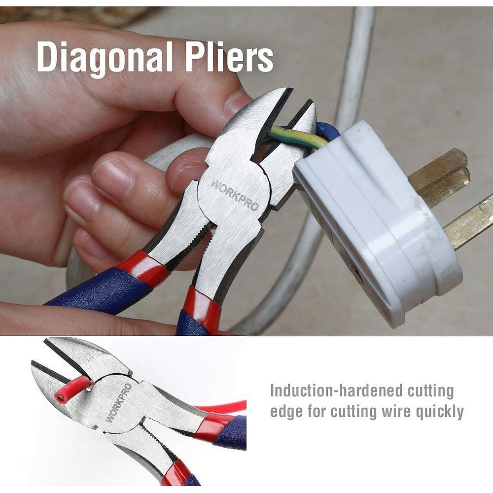 Diagonal pliers with blue and red insulated handles cutting electrical wire