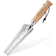 Stainless steel garden trowel with wood handle and serrated edge for weeding