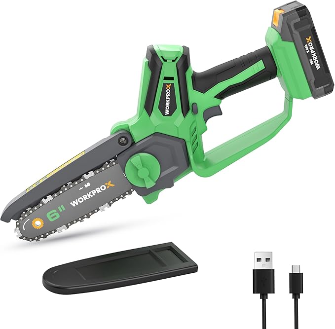 WORKPROX 20V Cordless 6 inch Electric Mini Chainsaw with Type-C Fast Charging 2.0Ah Battery