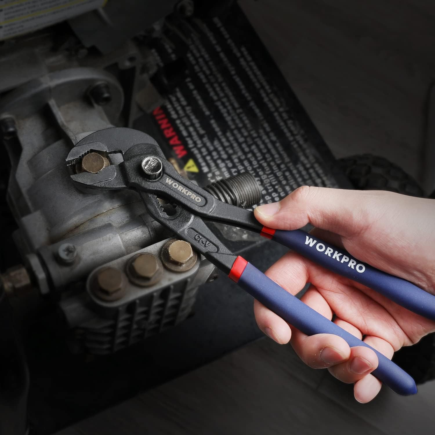 WORKPRO groove joint pliers held in hand for repair, V-jaw visible