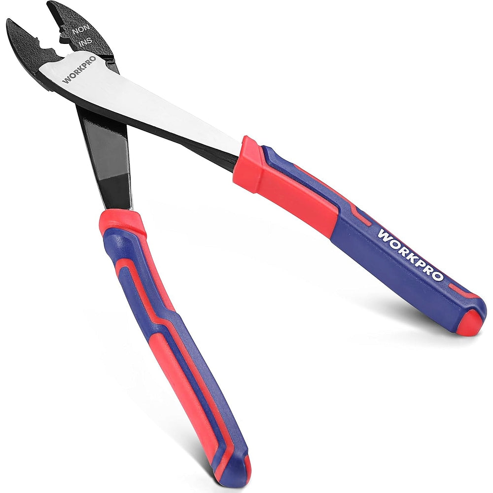 Wire cutter crimper with red-blue grips and angled black jaws on white background
