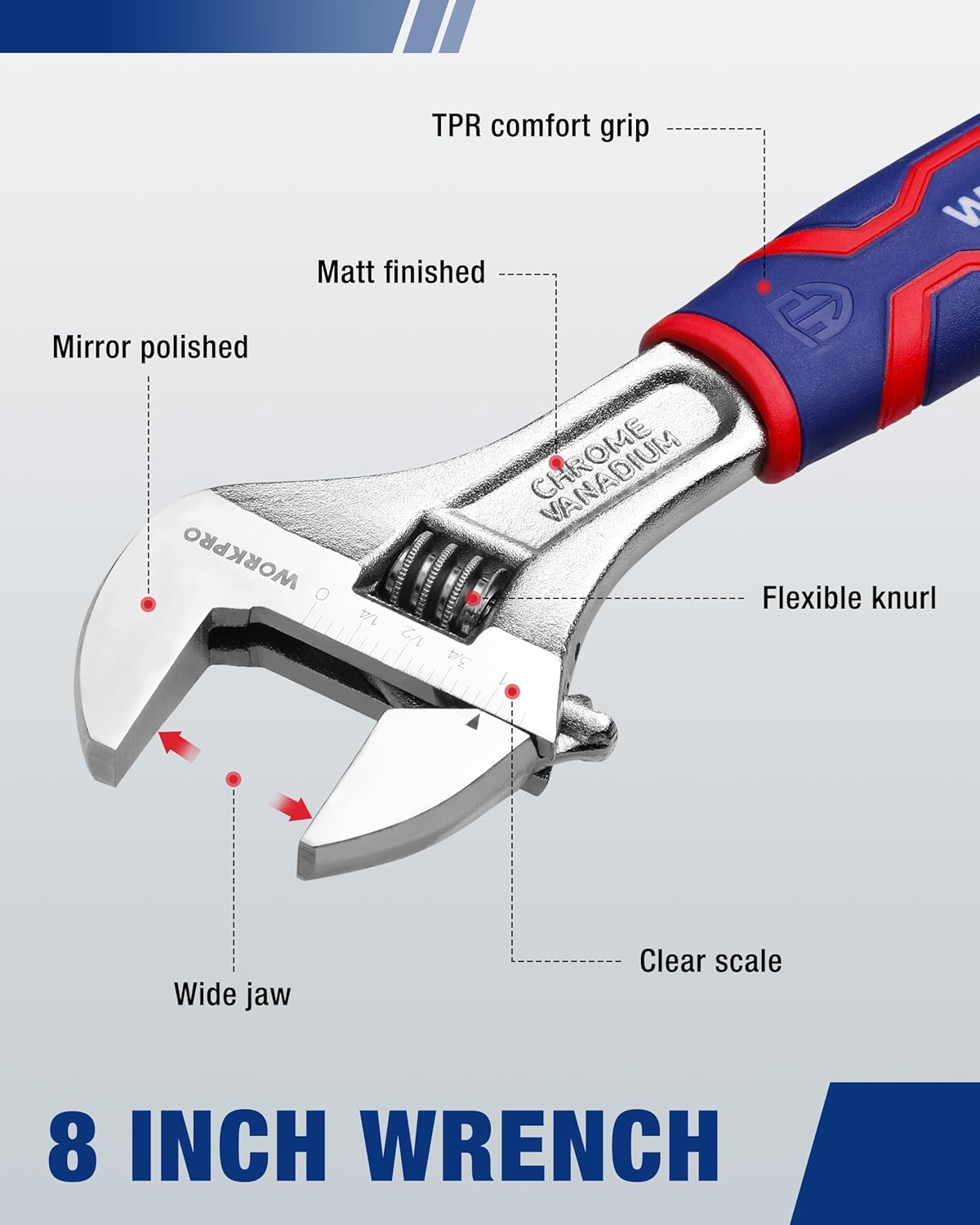 WORKPRO 8 inch wrench with blue-red grip and silver open end head