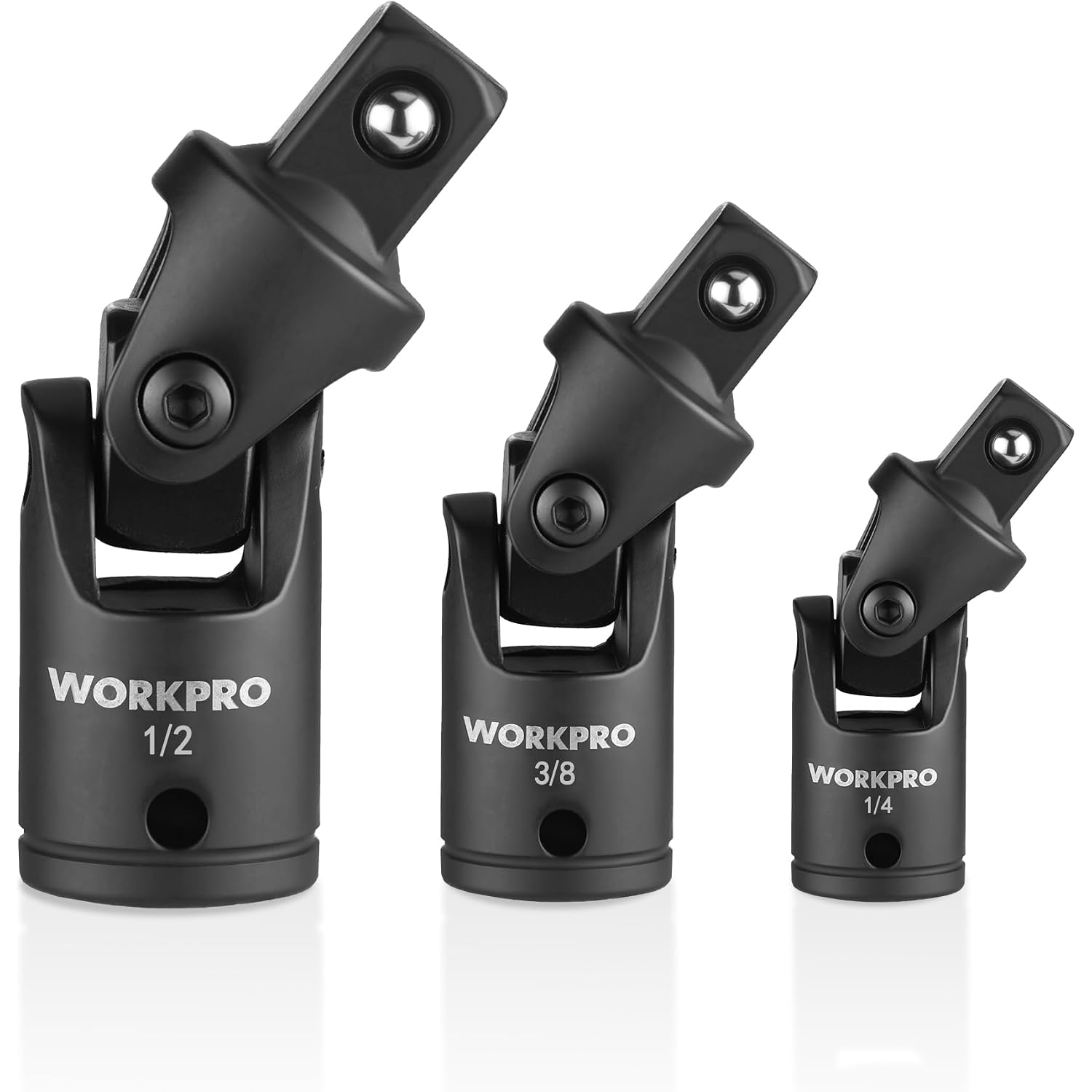 Three black WORKPRO universal joint sockets in 1/2, 3/8, and 1/4 drive sizes