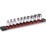 Socket set on red PVC rail with chrome 6-point sockets, 1/4 in drive, SAE sizes