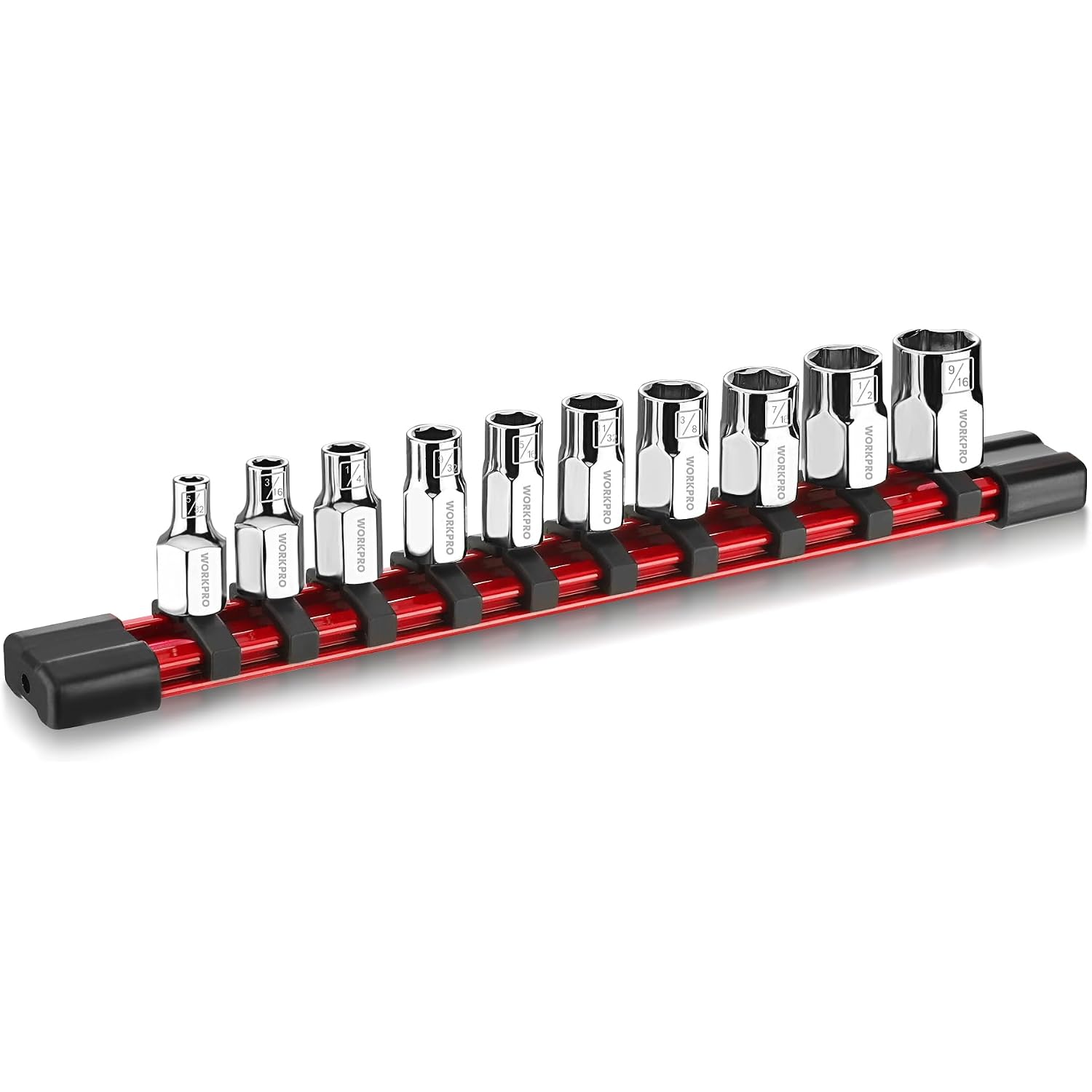 Socket set on red PVC rail with chrome 6-point sockets, 1/4 in drive, SAE sizes