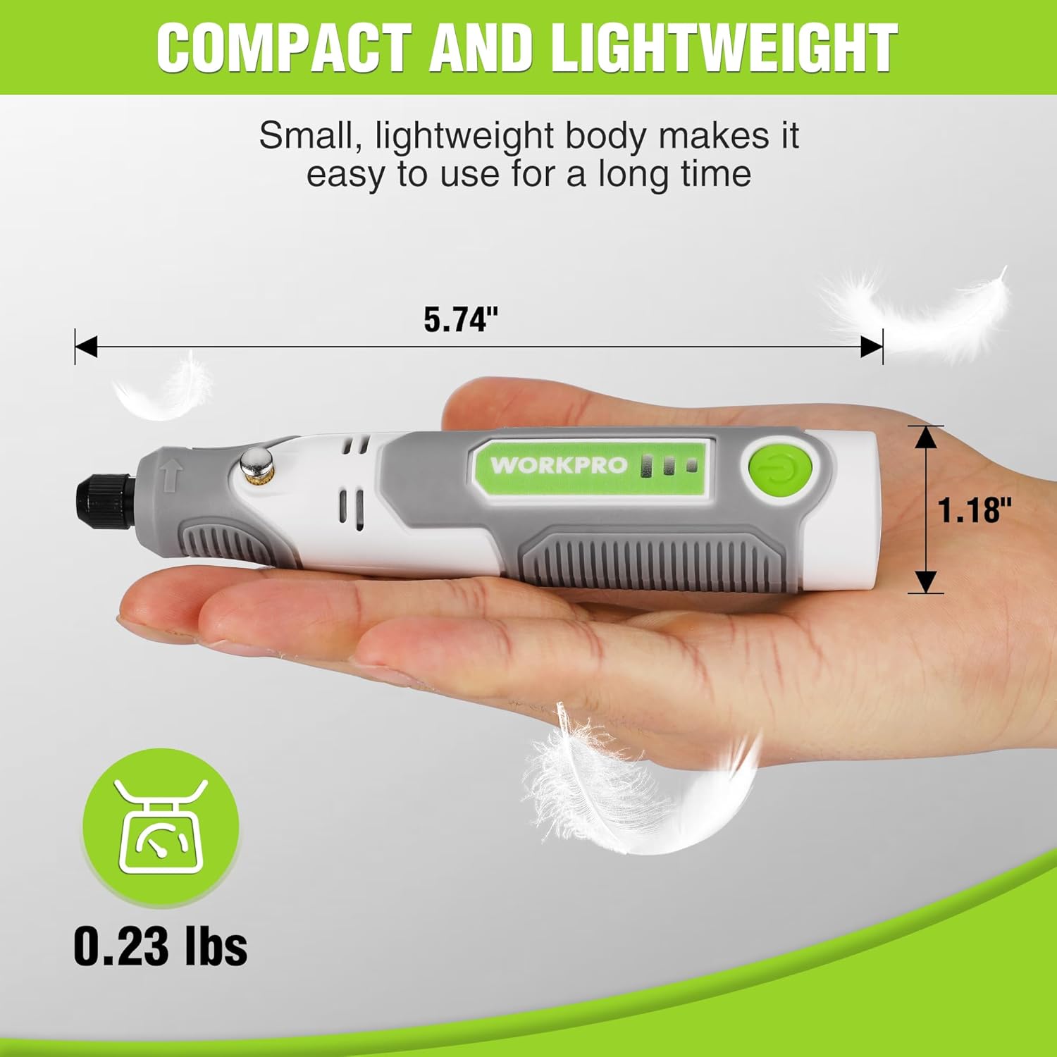 Compact cordless rotary tool held in hand, white and gray body with green buttons