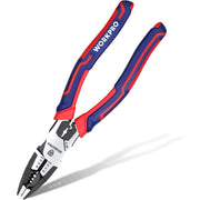 Red-and-blue insulated lineman pliers with black steel jaws and CRV tool head