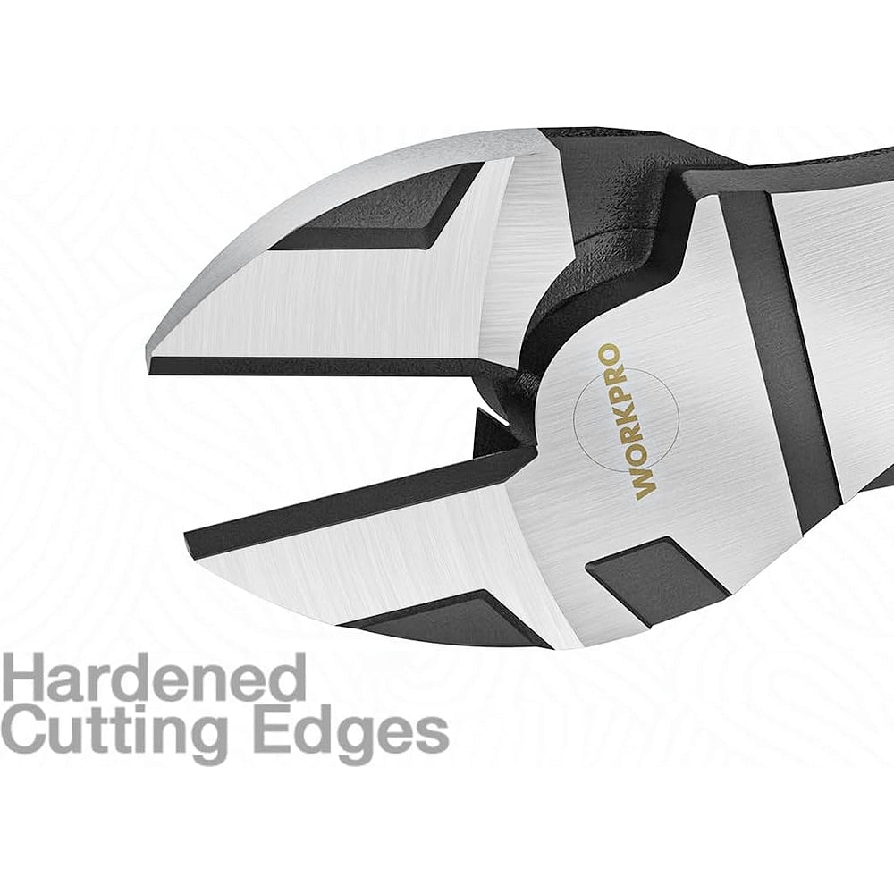 WORKPRO diagonal pliers cutting jaws with hardened edges and brushed steel surfaces