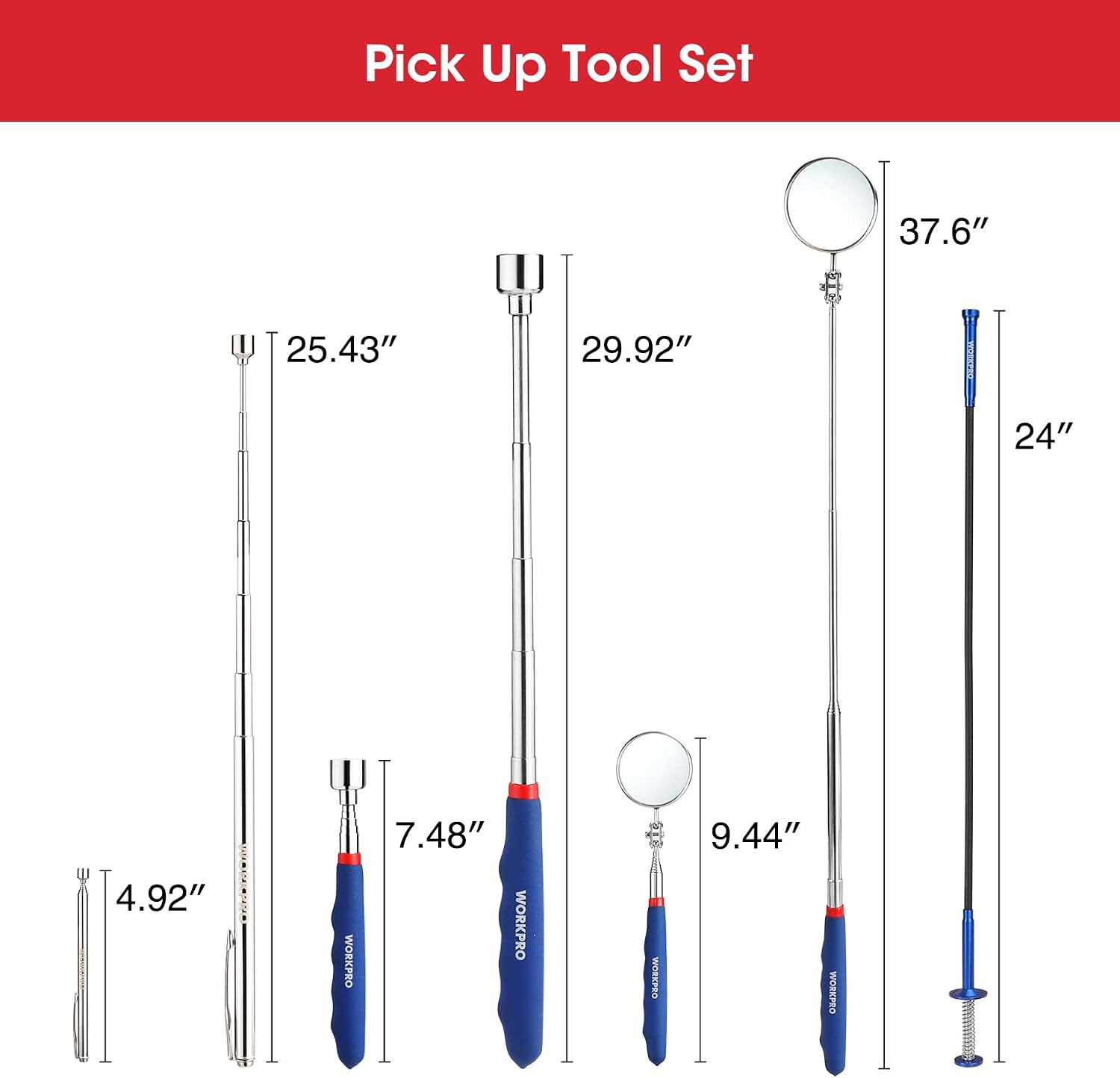 WORKPRO 4PC telescoping magnetic pick up tool kit with inspection mirror, innovation and durable quality