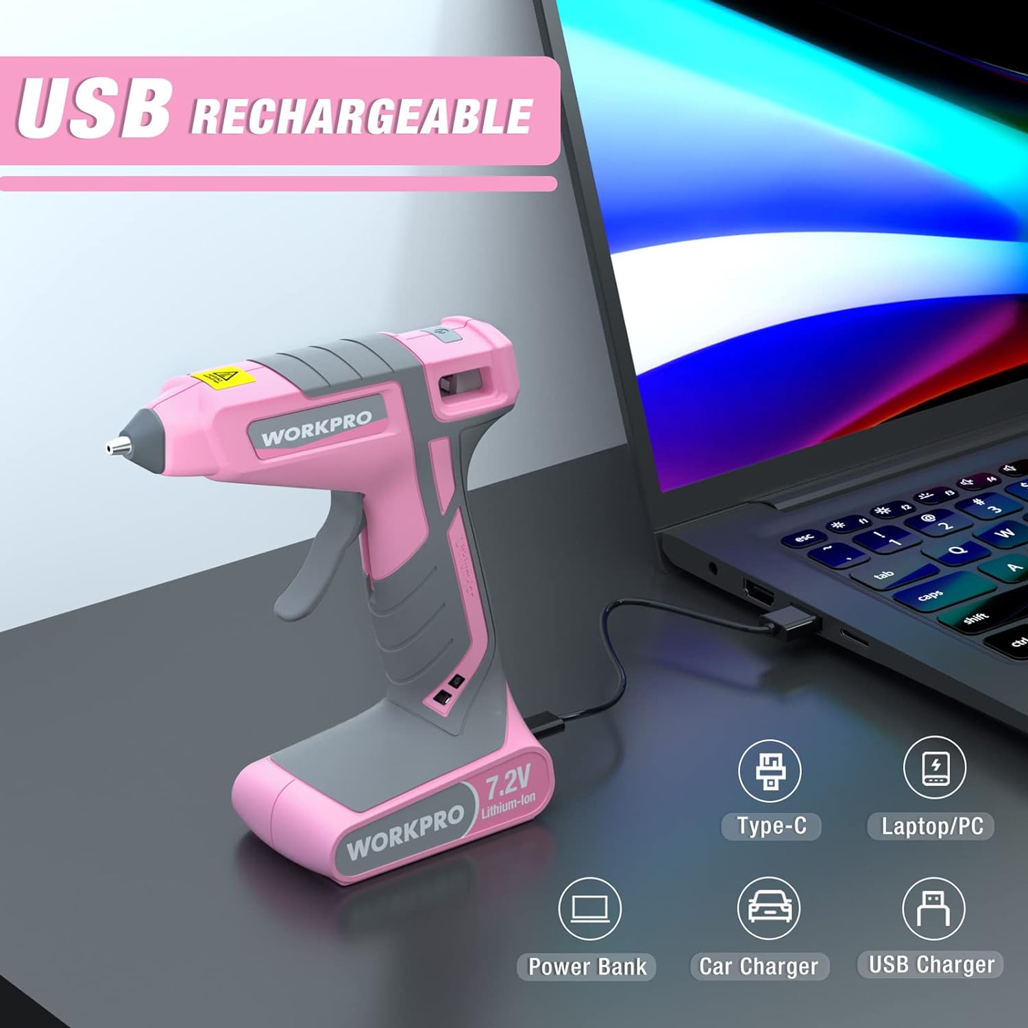 WORKPRO 7.2V Cordless Hot Melt Glue Gun Kit in pink with innovation, quality, and durable secure design