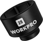WORKPRO 28mm oil filter socket wrench, close-up of black body with 28 marking