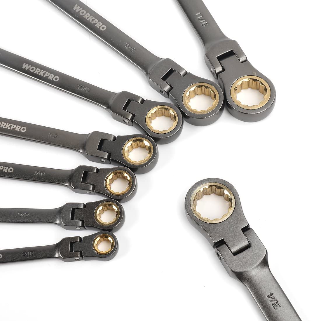 Ratcheting combination wrench set, flex-head with multiple box-end heads, metal finish