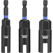 Three wing nut driver bits in black with blue rings labeled 9mm, 12mm, 15mm