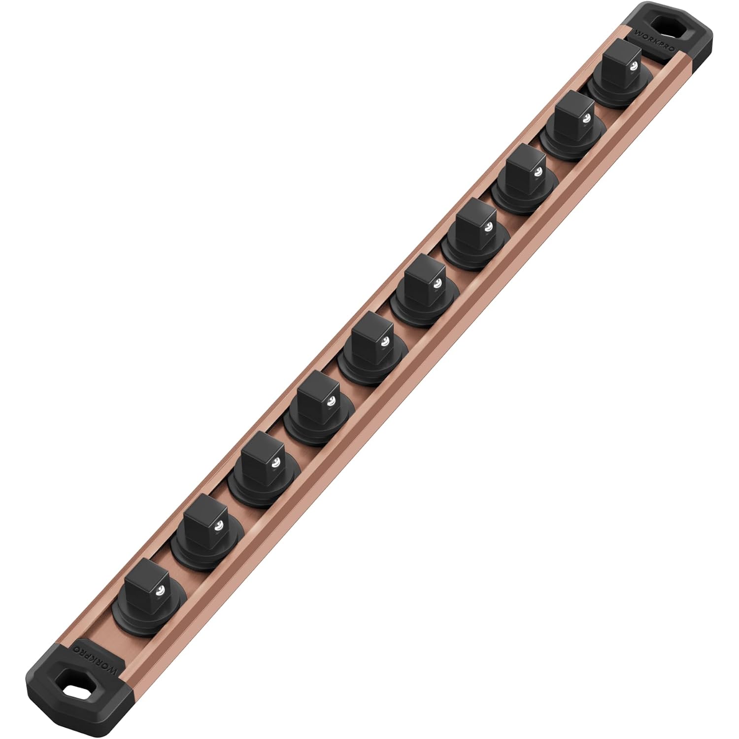 Magnetic socket organizer rail with black clips on a champagne aluminum bar, angled view