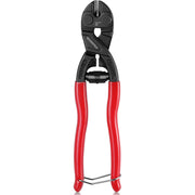8-inch mini bolt cutter front view with black jaws and red spring-loaded handles