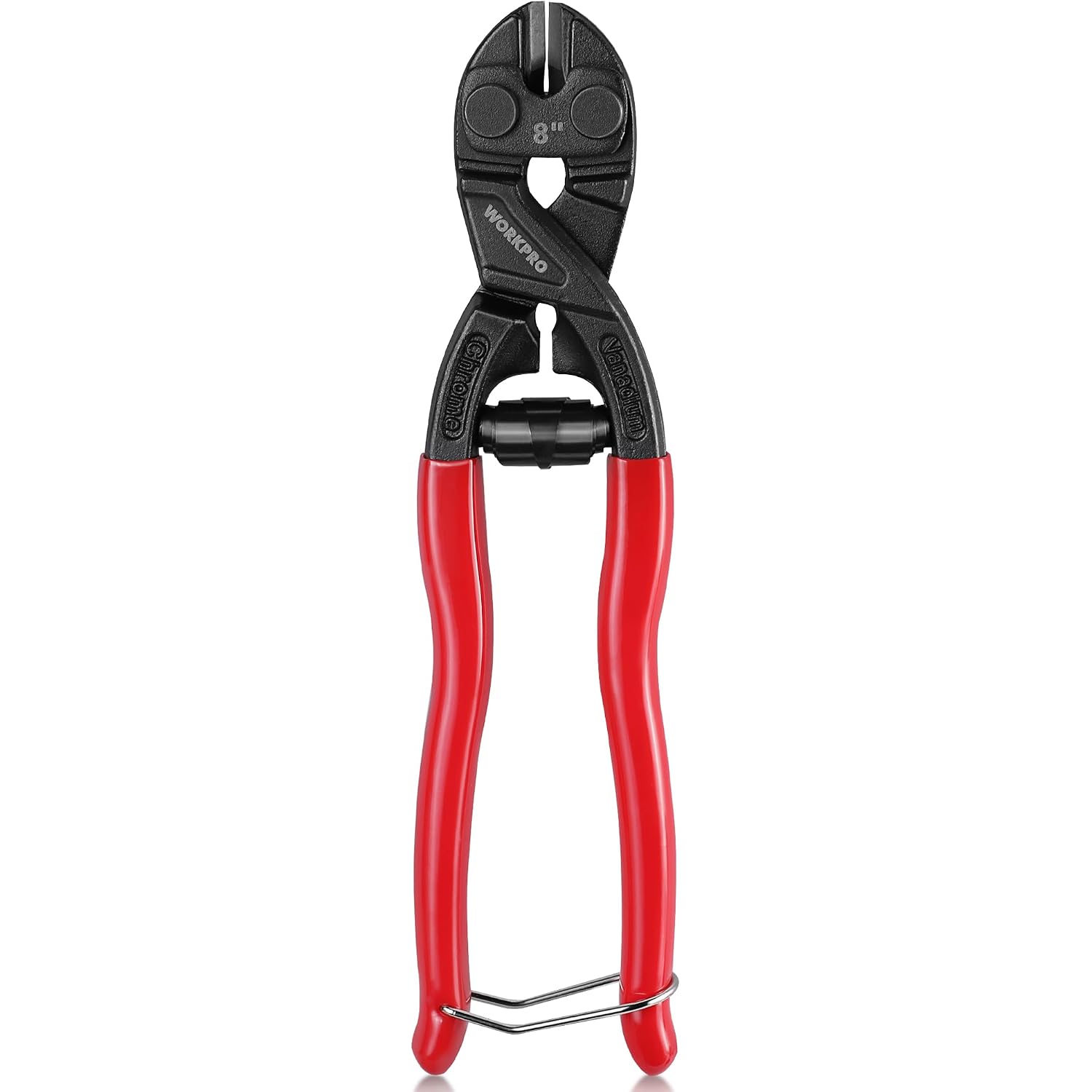 8-inch mini bolt cutter front view with black jaws and red spring-loaded handles