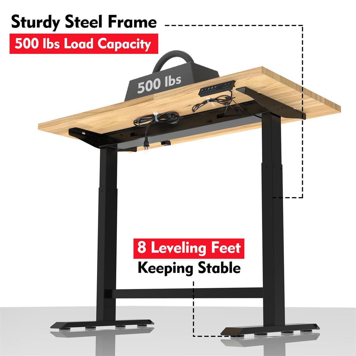 Heavy-duty height adjustable workbench with light wood top and black steel frame