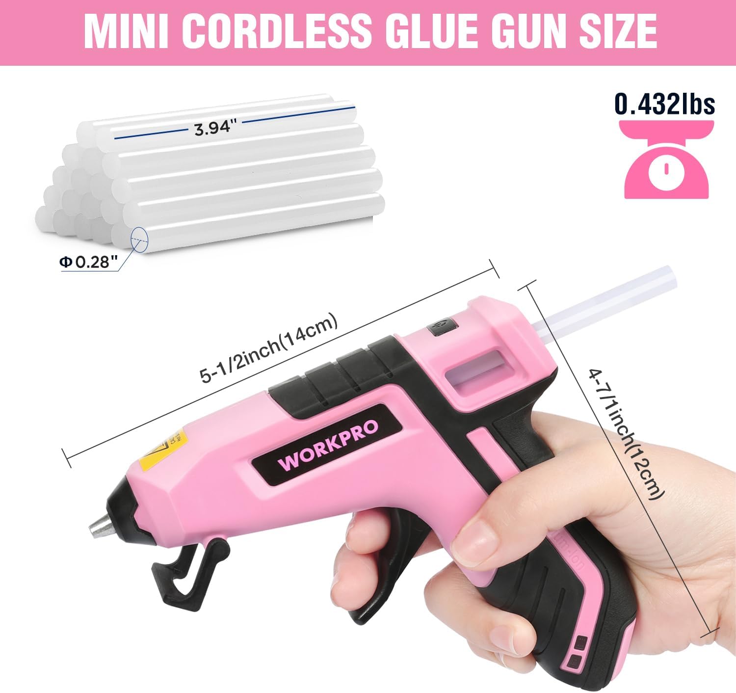 Pink mini cordless hot glue gun with compact hand grip and nozzle