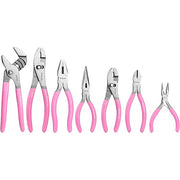 Pink-handled 7-piece pliers set with mixed head styles and insulated grips