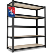 Black metal boltless shelving rack with five wood shelves, open frame design