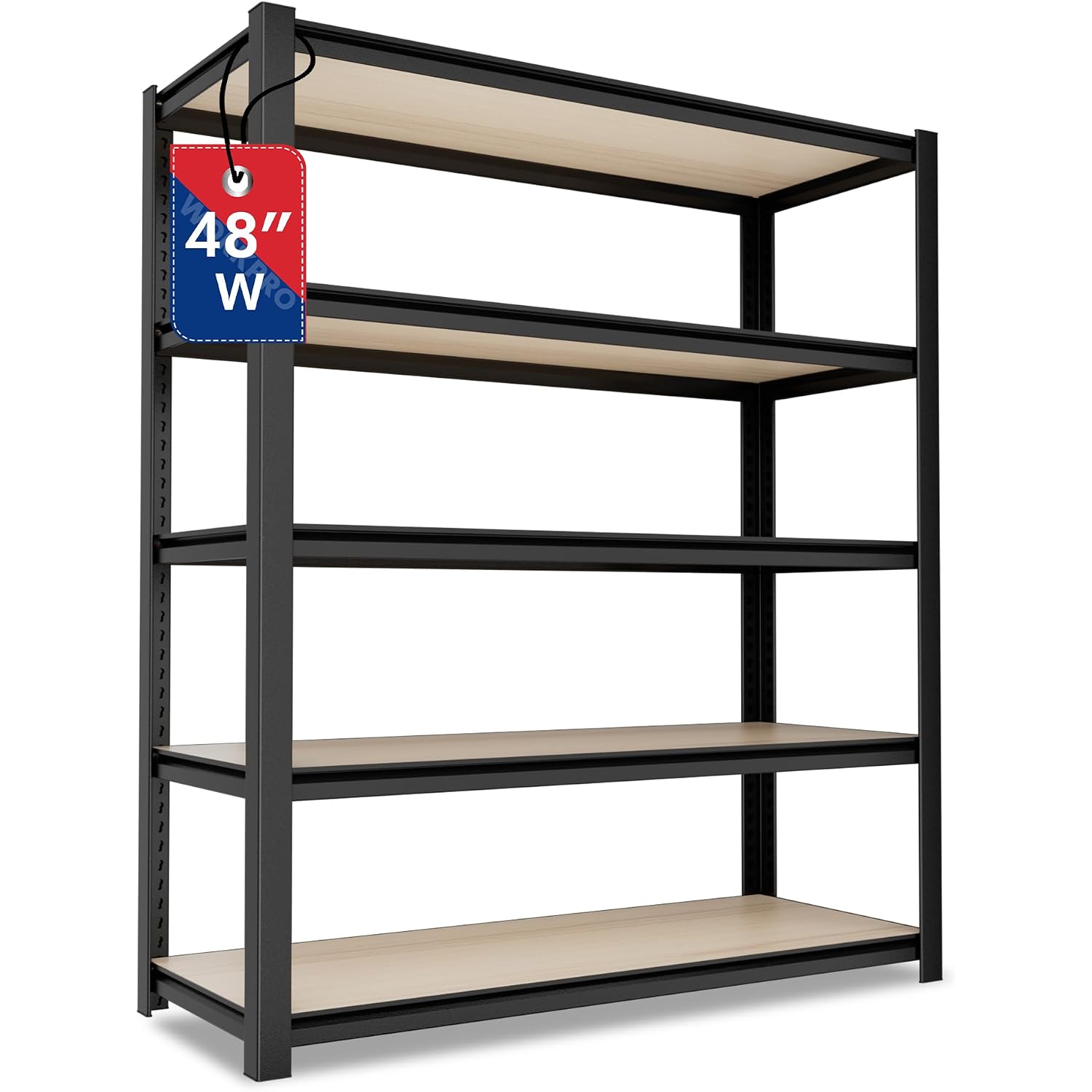 Black metal boltless shelving rack with five wood shelves, open frame design