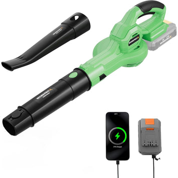 Green and black cordless leaf blower shown with a detachable black nozzle, a smartphone displaying a charging screen, and a gray battery charger on a white background.