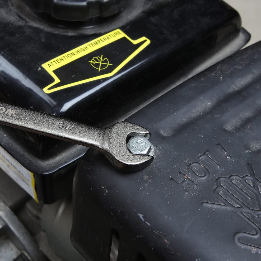 Flex-head ratcheting combination wrench head with circular drive opening, metal finish