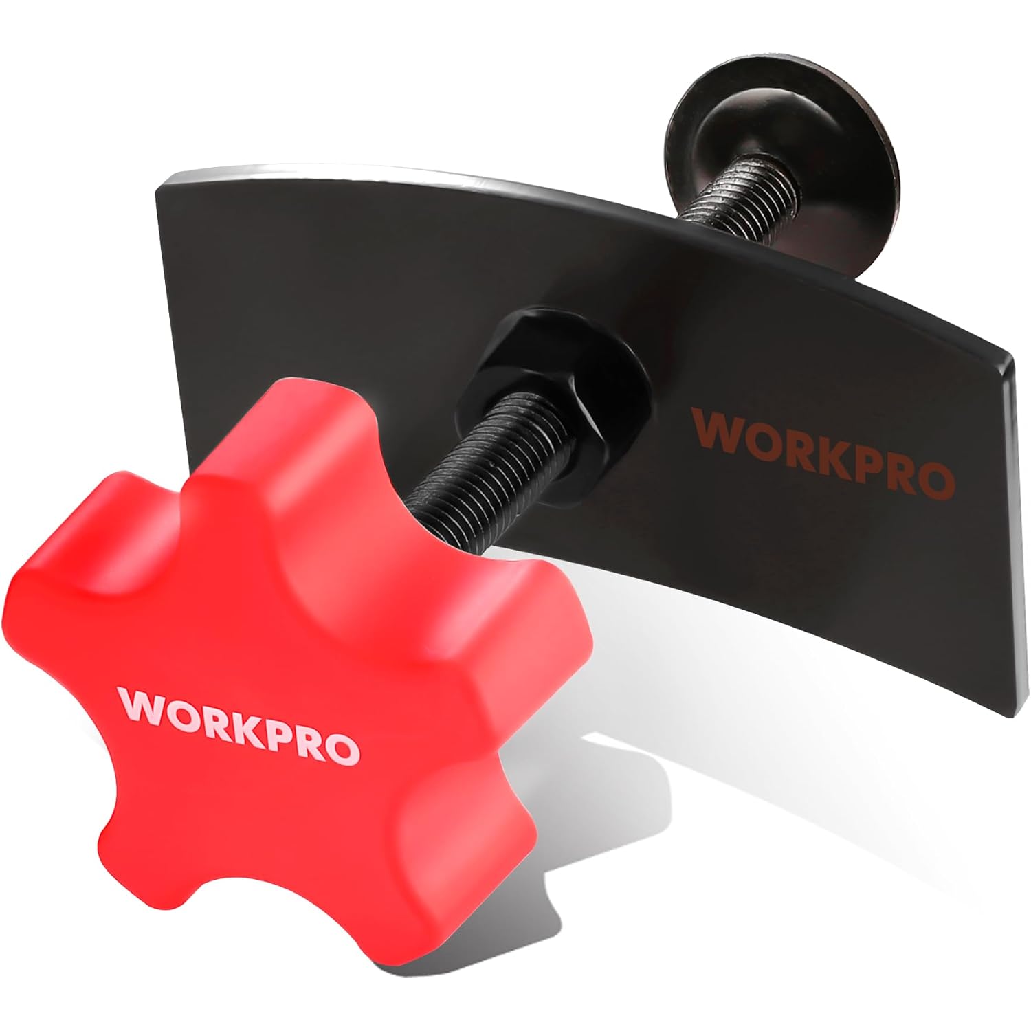 Brake pad expander tool with red clamp head and black steel plate, WORKPRO