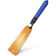 Blue-handled Japanese pull saw with gold double-edged blade and black mounting collar