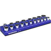 Blue 1/2-inch drive magnetic socket organizer tray with 19 metric socket holders