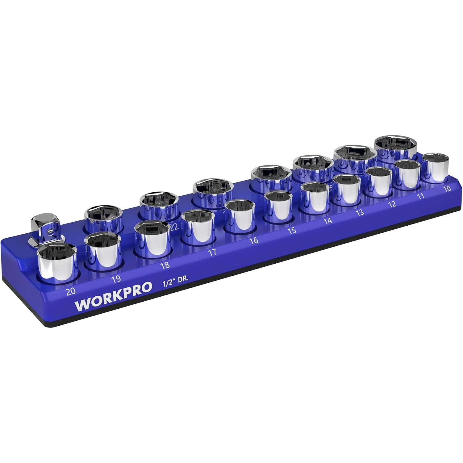 Blue 1/2-inch drive magnetic socket organizer tray with 19 metric socket holders