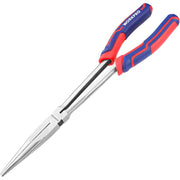 Extra long needle nose pliers with red and blue ergonomic handles for fine work