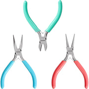 3-piece jewelry pliers set with turquoise and red handles: wire cutter and nose pliers