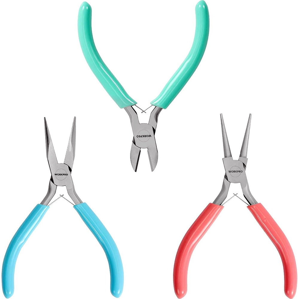 3-piece jewelry pliers set with turquoise and red handles: wire cutter and nose pliers
