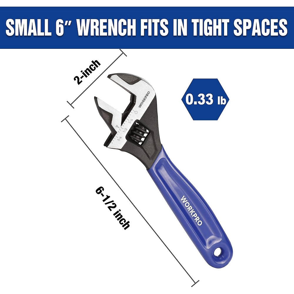 Compact WORKPRO 6-inch adjustable wrench with blue handle and open jaw