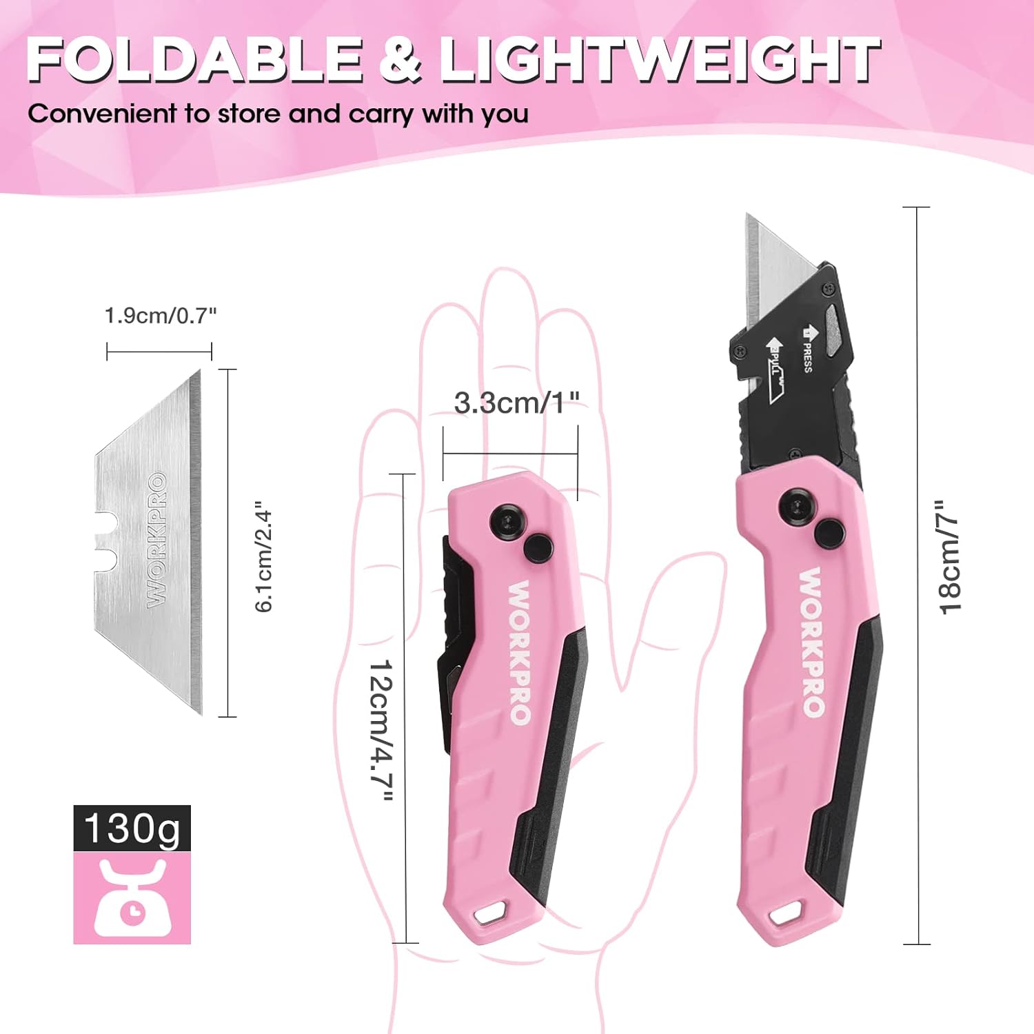 WORKPRO Folding Utility Knife, Quick Change Box Cutte 13 Extra Blades Included - Pink Ribbon