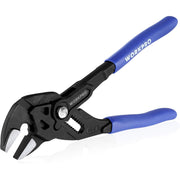 Black pliers wrench with blue handles, adjustable parallel jaw, and bolt-grip teeth