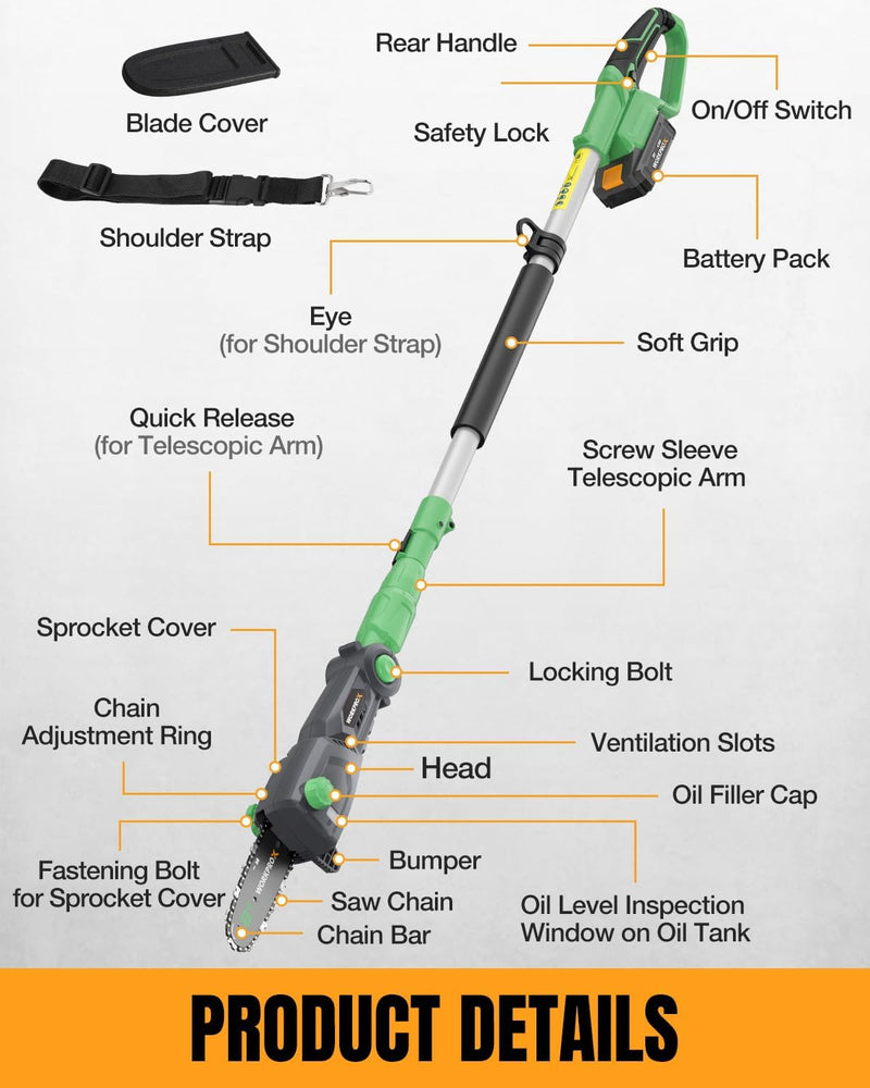 WORKPROX 20V Cordless Pole Saw, 15 FT Max Reach Pole Saw for Tree Trimming