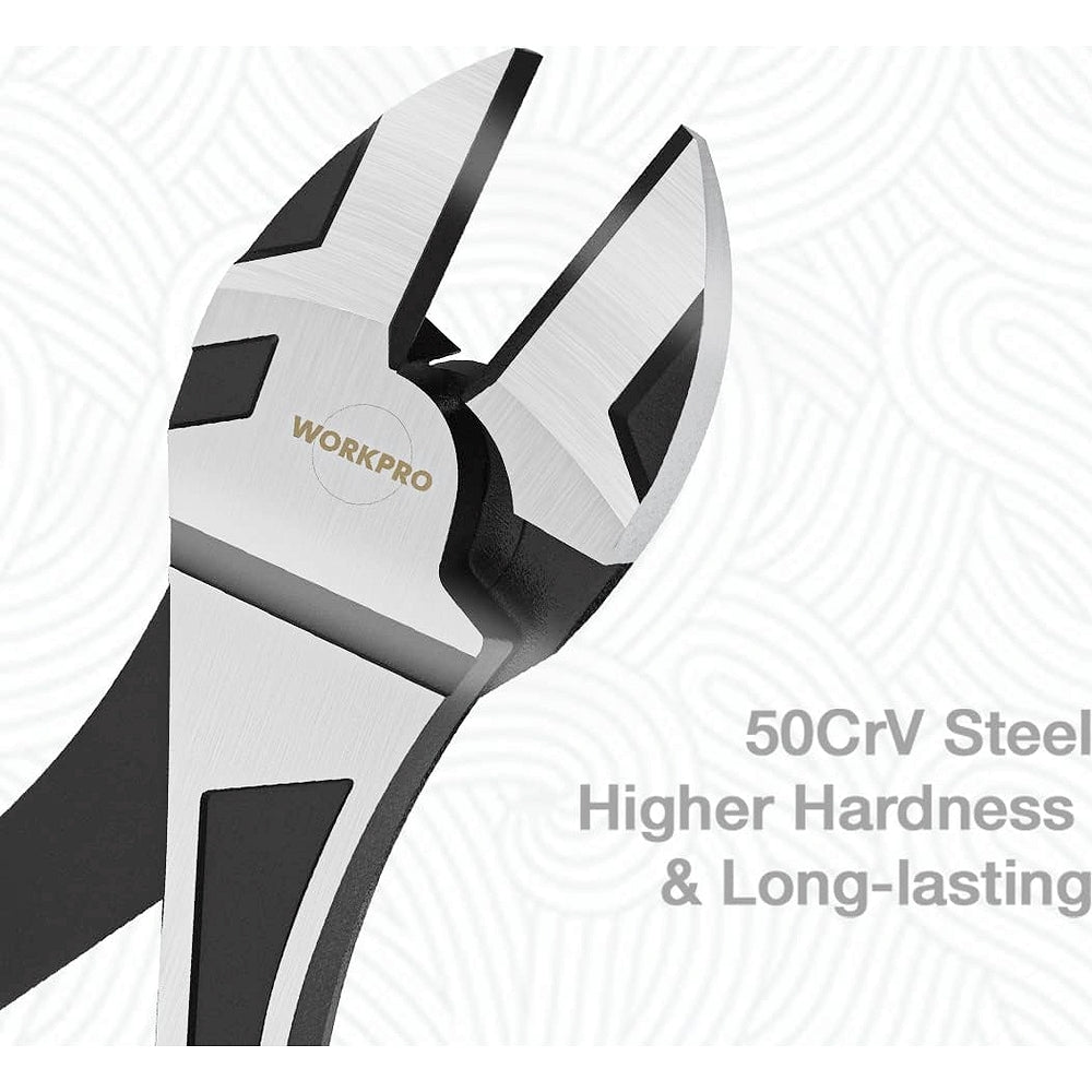 WORKPRO diagonal pliers jaw close-up with textured cutting surfaces