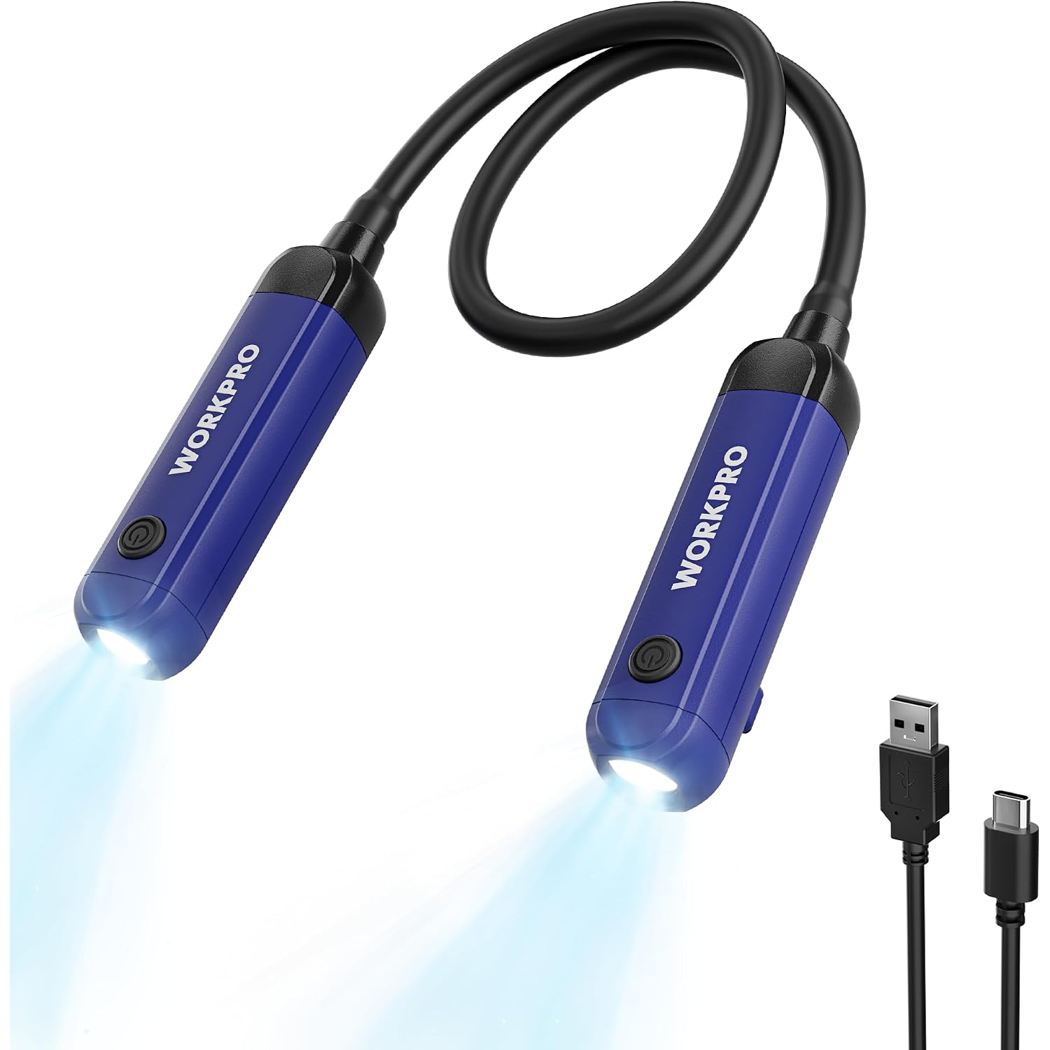 Pair of blue rechargeable neck lights with black gooseneck and USB charging cable