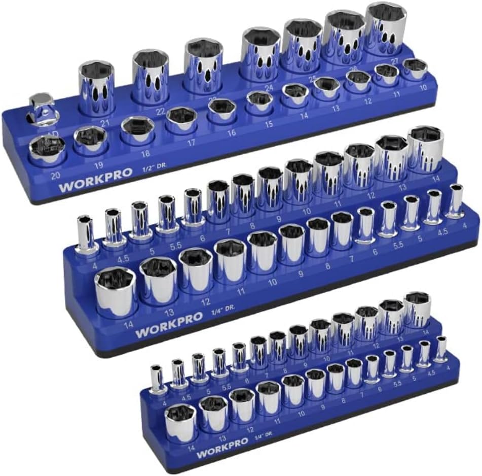 WORKPRO 1/4", 3/8", 1/2" Dr Metric/SAE Magnetic Socket Organizer Set (Socket not Included)