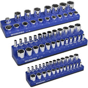 WORKPRO magnetic socket organizer set with chrome sockets on blue labeled trays