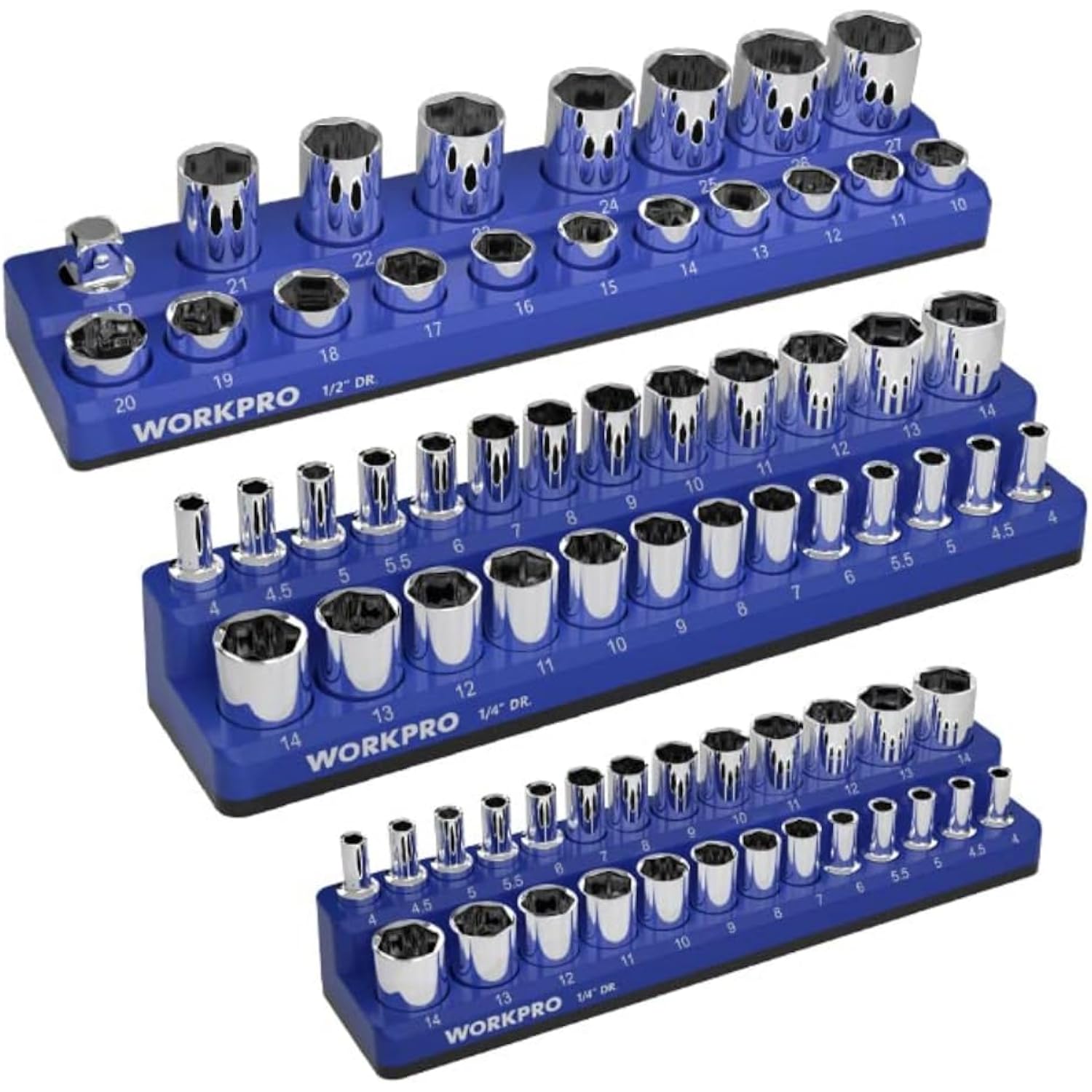 WORKPRO magnetic socket organizer set with chrome sockets on blue labeled trays