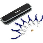 Jewelers pliers set with blue handles and black zip pouch laid out for storage