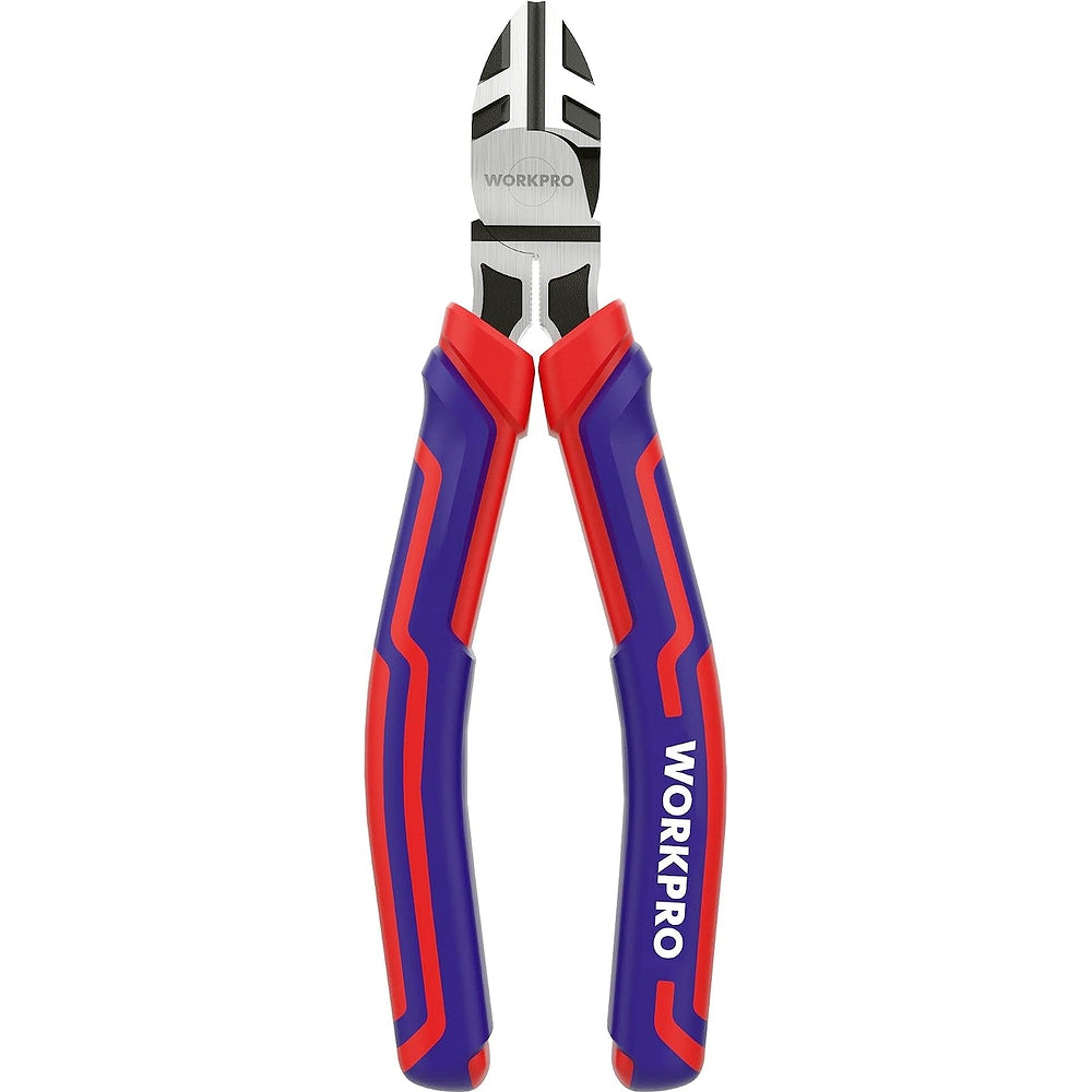 Diagonal wire cutters with red and blue insulated handles and black cutting jaws
