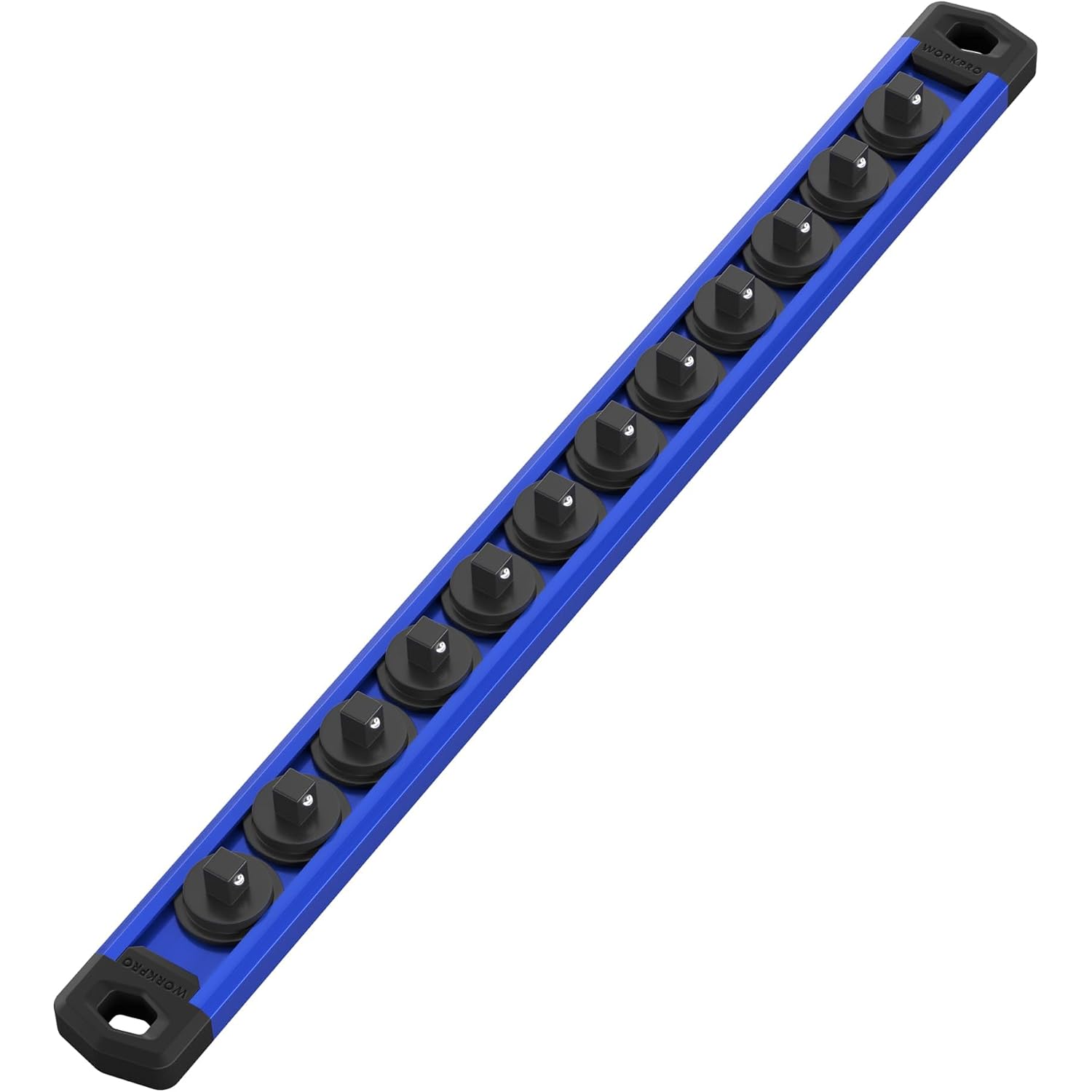 Blue magnetic socket rail with black clips, single row organizer bar