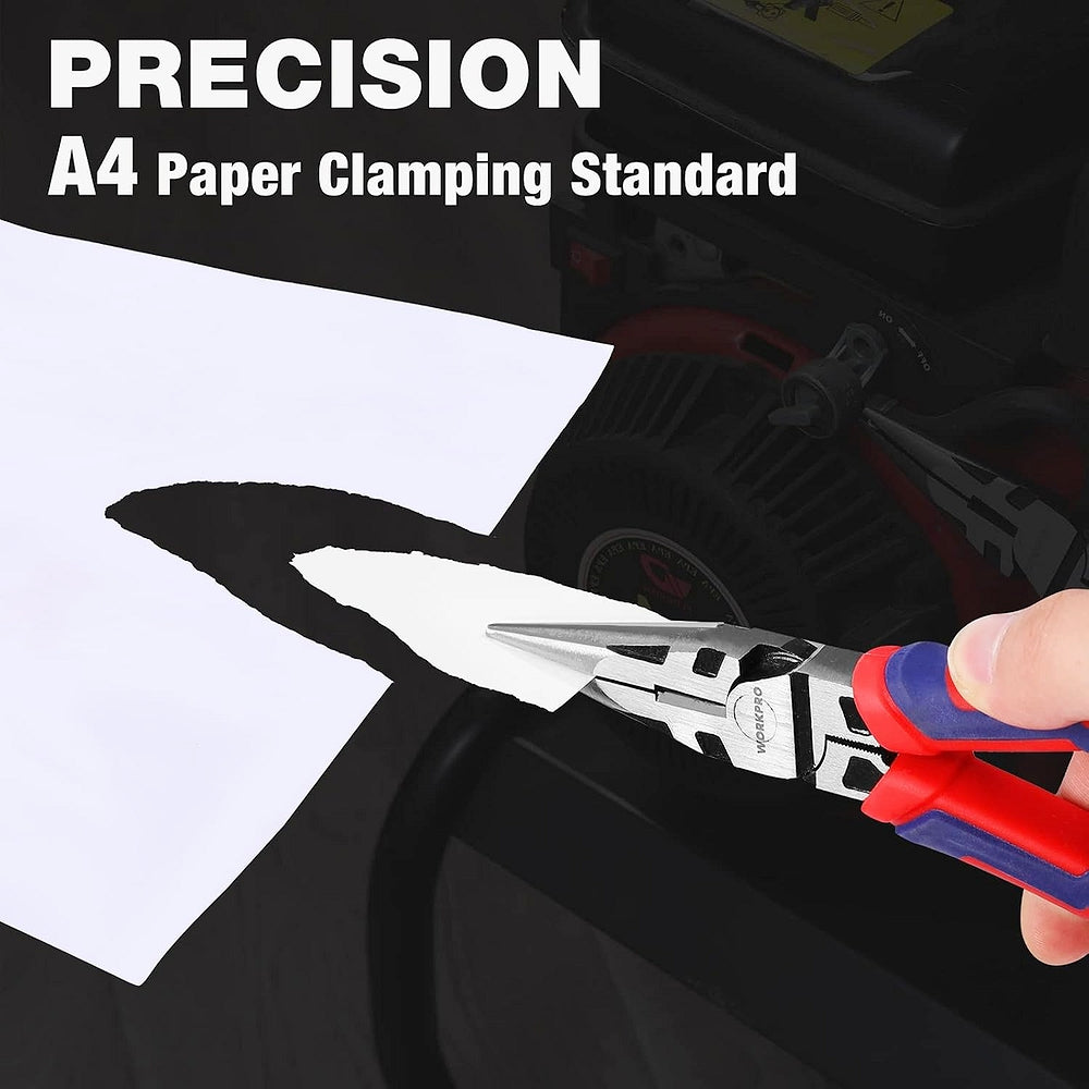 Long-nose pliers clamping papers with tapered jaws; red and blue ergonomic handles