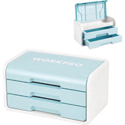 Blue and white desk drawer organizer with flip-top lid, two drawers, WORKPRO branding