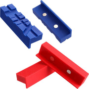 Set of vise jaw pads: blue multi-groove pads and red waffle surface covers